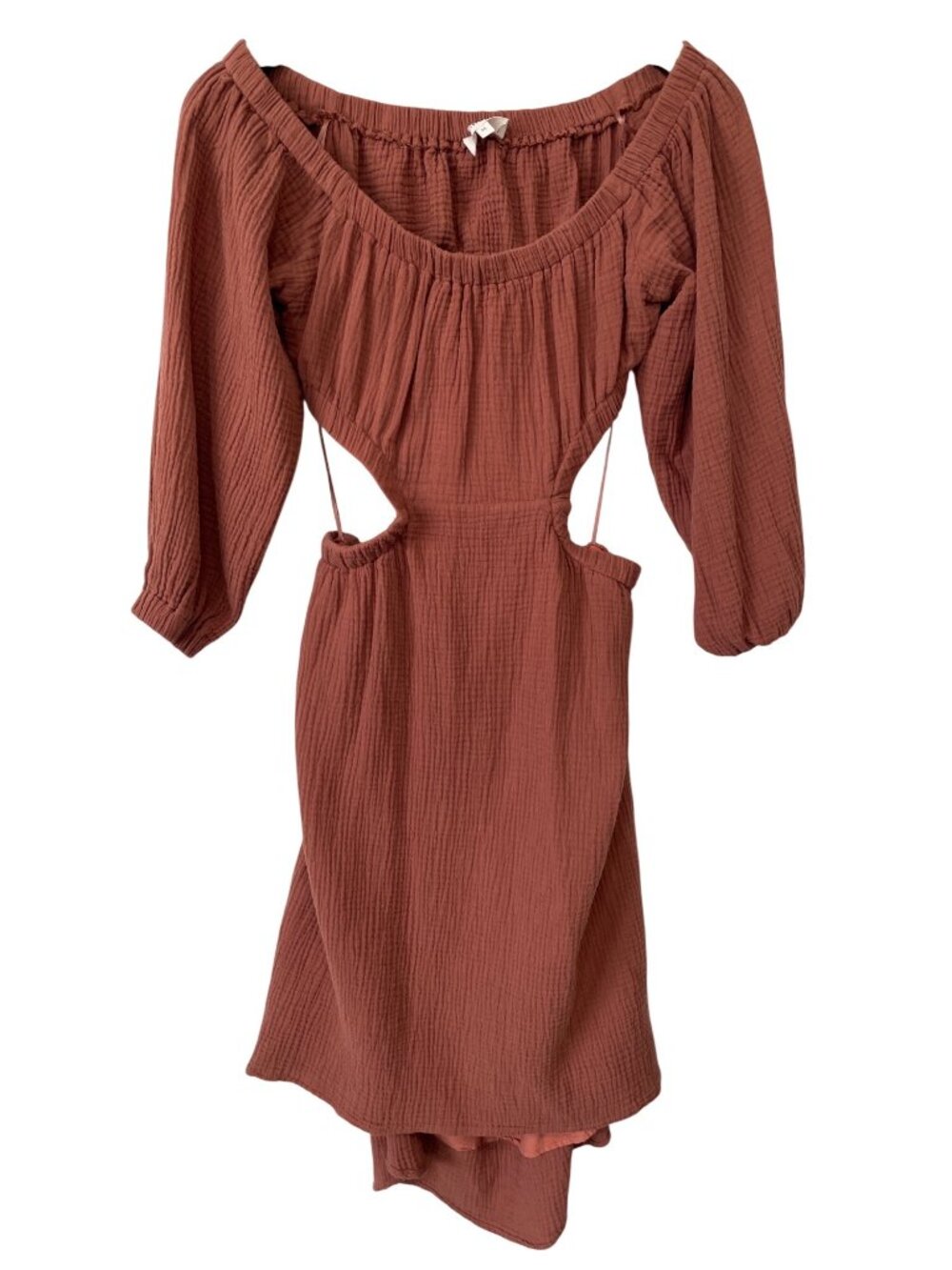 Böhme Dress Medium Crinkle Gauze Off The Shoulder 3/4 Sleeve Cutout Back Rust